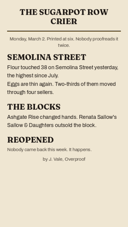 The Sugarpot Row Crier, set as a broadsheet. Monday, March 2, printed at six, nobody proofreads it twice. Semolina Street: flour touched 38 yesterday, the highest since July. The Blocks: Ashgate Rise changed hands and Renata Sallow’s Sallow & Daughters outsold the block. Reopened: nobody came back this week. Bylined by J. Vale, Overproof.